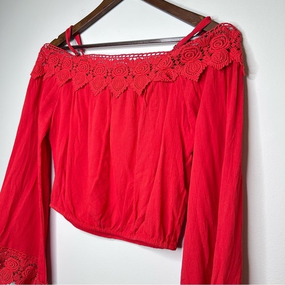 H&M Off-the-shoulder Peasant Blouse Viscose Lace Trim Bright Red Medium - Picture 6 of 12